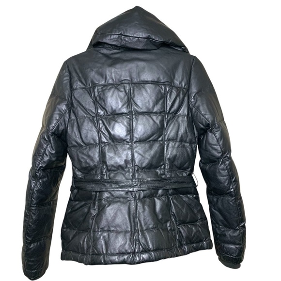 Danier Black Leather Puffer Jacket Sz XXS High Neck Bomber Quilted Winter Coat - Picture 4 of 16